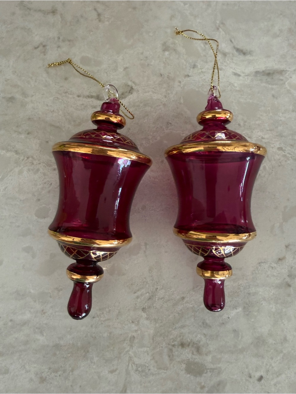 Pair  Red Amethyst Glass Lantern Christmas Ornaments Gold Trim 5"